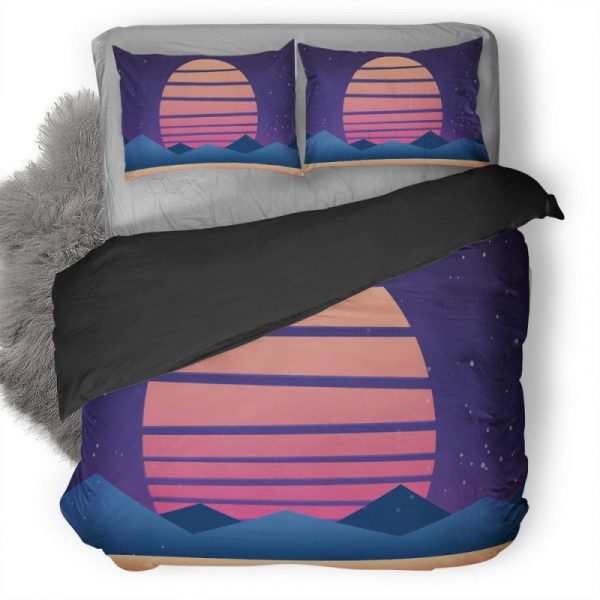 Sun Mountains Minimalism Retrowave 5J Duvet Cover and Pillowcase Set Bedding Set