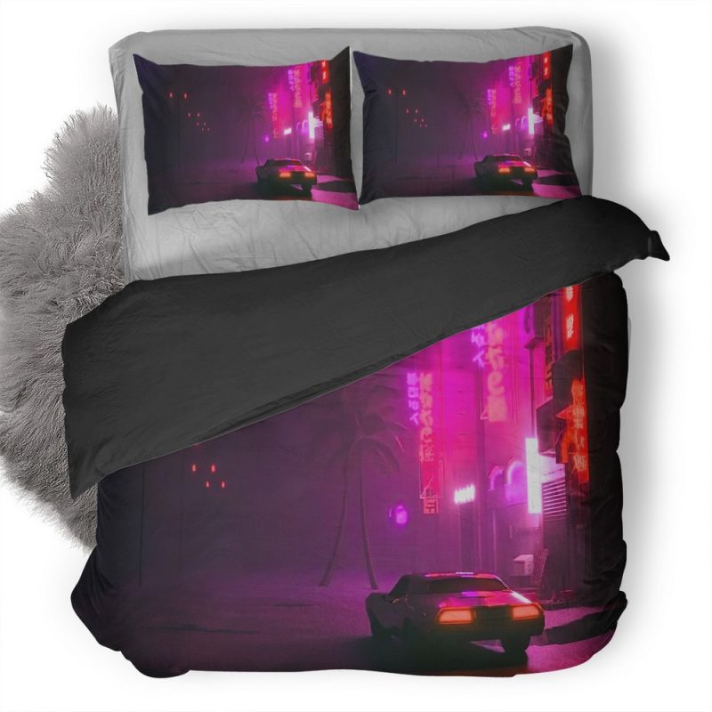 Synthwave Car On Street 2N Duvet Cover and Pillowcase Set Bedding Set