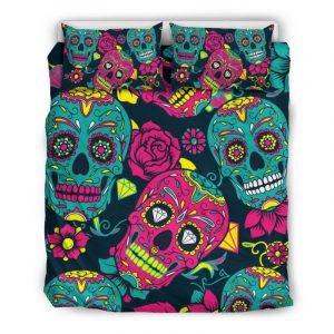 Teal Pink Sugar Skull Pattern Print Duvet Cover and Pillowcase Set Bedding Set