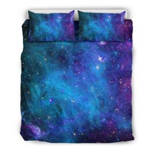 Teal Purple Stardust Galaxy Space Print Duvet Cover and Pillowcase Set Bedding Set