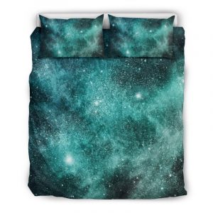 Teal Stardust Galaxy Space Print Duvet Cover and Pillowcase Set Bedding Set