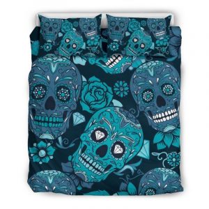 Teal Sugar Skull Flower Pattern Print Duvet Cover and Pillowcase Set Bedding Set