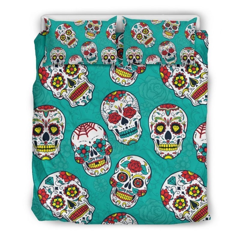 Teal Sugar Skull Pattern Print Duvet Cover and Pillowcase Set Bedding Set