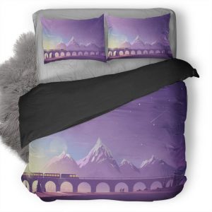 Train Mountains Illustration Minimalistic 9L Duvet Cover and Pillowcase Set Bedding Set