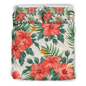 Tropical Hibiscus Blossom Pattern Print Duvet Cover and Pillowcase Set Bedding Set