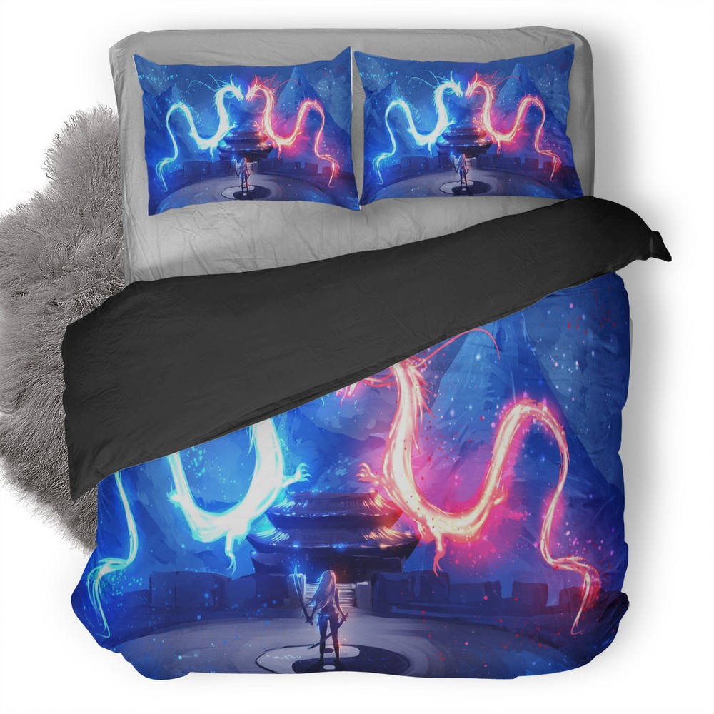 Twin Dragons Warrior Girl Artwork Cc Duvet Cover and Pillowcase Set Bedding Set