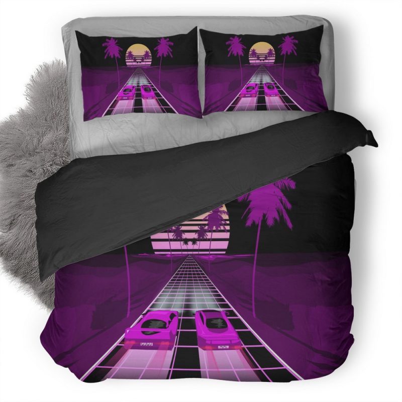 Two Sports Car Retrowave Art 4W Duvet Cover and Pillowcase Set Bedding Set