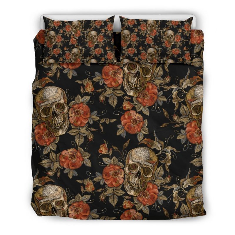 Vintage Floral Skull Pattern Print Duvet Cover and Pillowcase Set Bedding Set