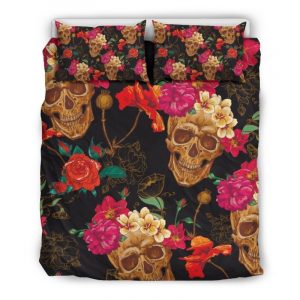 Vintage Flowers Skull Pattern Print Duvet Cover and Pillowcase Set Bedding Set