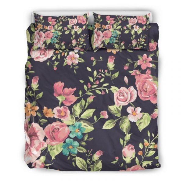 Vintage Rose Floral Flower Pattern Print Duvet Cover and Pillowcase Set Bedding Set