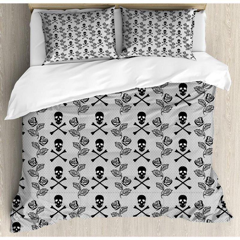 Vintage Roses And Crossbones Duvet Cover and Pillowcase Set Bedding Set