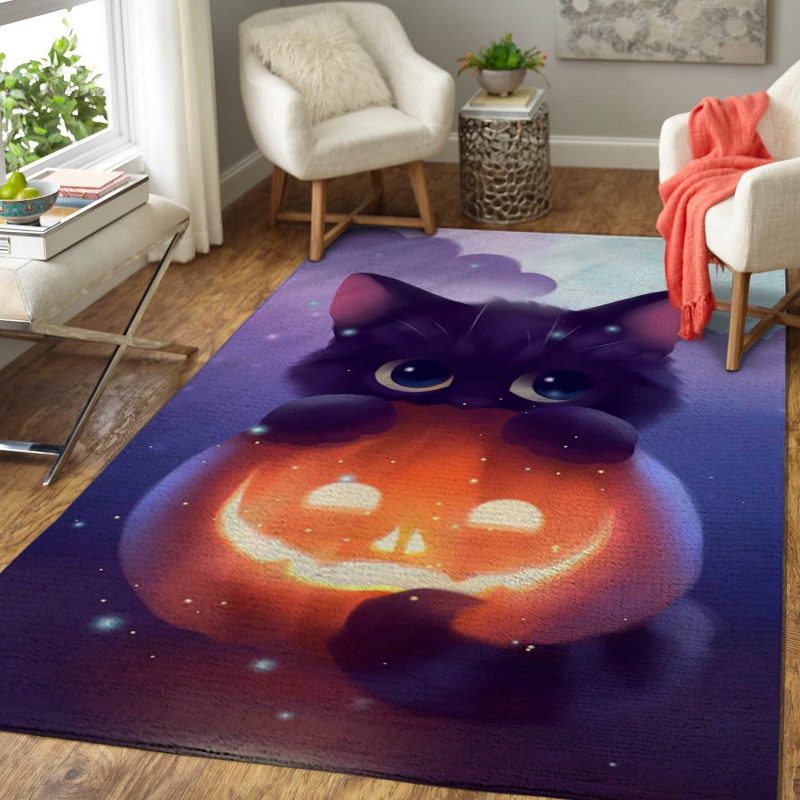 Violet Cat Vs Smiley Pumpkin Halloween Carpet Living Room Rugs