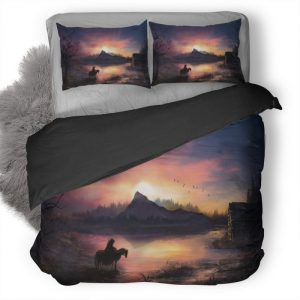 Warrior On Horse Sunrise Nature Fantasy 4A Duvet Cover and Pillowcase Set Bedding Set