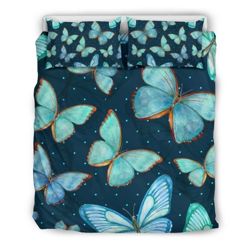 Watercolor Blue Butterfly Pattern Print Duvet Cover and Pillowcase Set Bedding Set