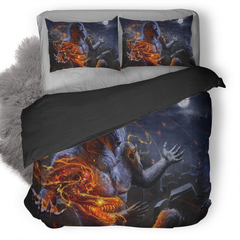 Werewolf Vs Man Flame Night Skull N0 Duvet Cover and Pillowcase Set Bedding Set