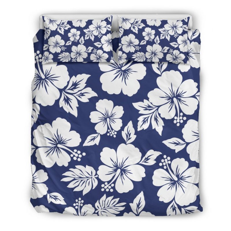 White Blue Hibiscus Floral Pattern Print Duvet Cover and Pillowcase Set Bedding Set