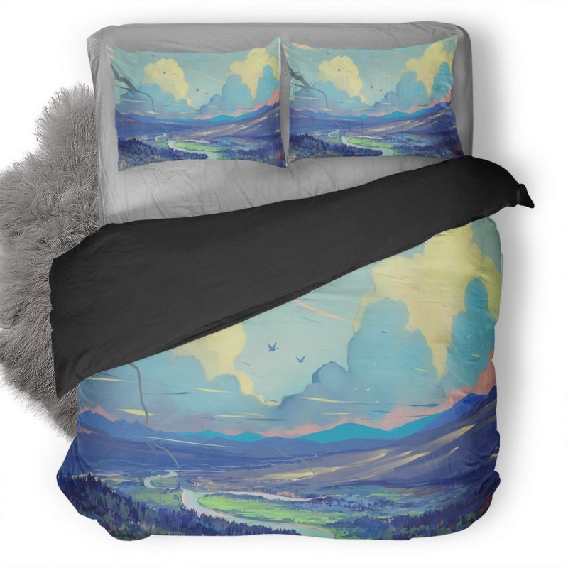 White Blue Red Clouds Scenery Digital Art Painting 1V Duvet Cover and Pillowcase Set Bedding Set