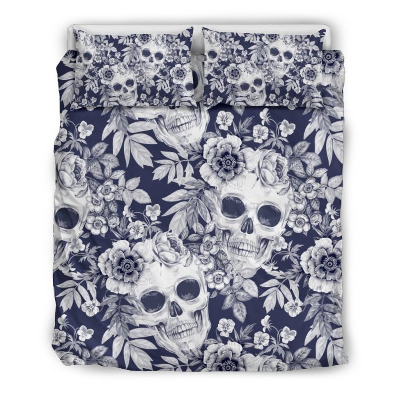 White Blue Skull Floral Pattern Print Duvet Cover and Pillowcase Set Bedding Set