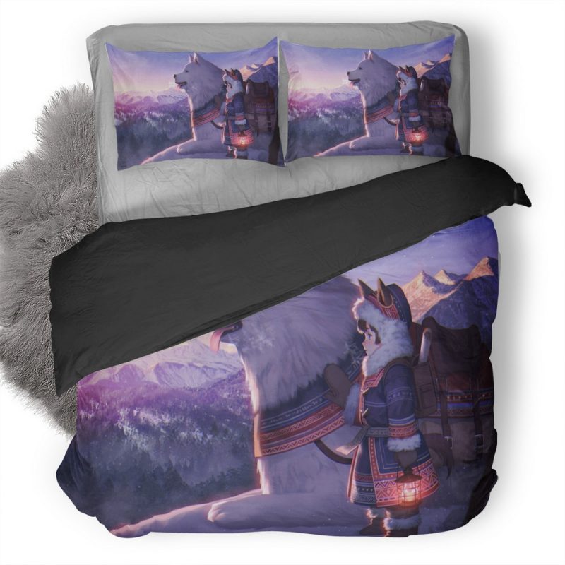 White Dog With Cute Baby Girl Snow Mountains Artwork Qi Duvet Cover and Pillowcase Set Bedding Set