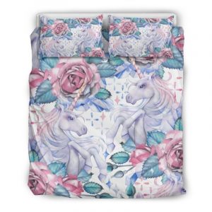 White Fairy Rose Unicorn Pattern Print Duvet Cover and Pillowcase Set Bedding Set