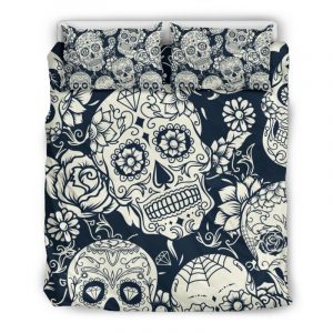 White Floral Sugar Skull Pattern Print Duvet Cover and Pillowcase Set Bedding Set