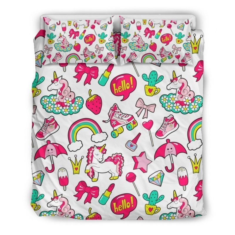 White Girly Unicorn Pattern Print Duvet Cover and Pillowcase Set Bedding Set