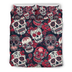 White Red Sugar Skull Pattern Print Duvet Cover and Pillowcase Set Bedding Set