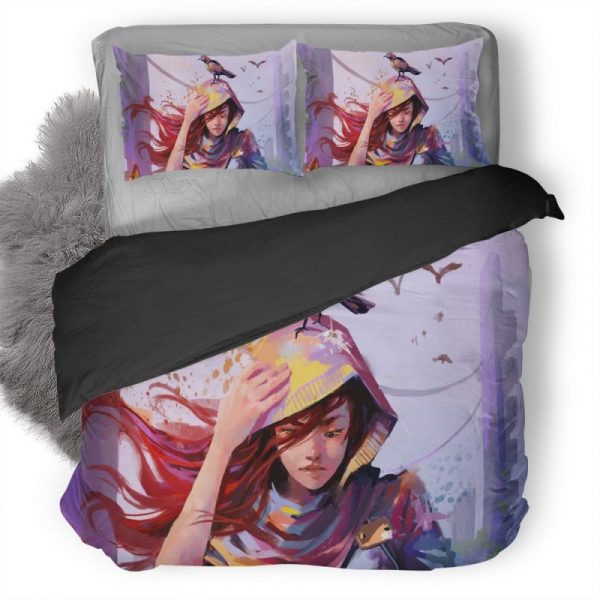 Woman Colorful Bird Digital Painting C4 Duvet Cover and Pillowcase Set Bedding Set