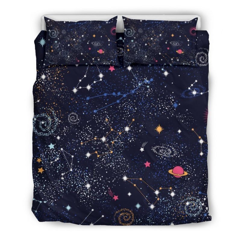 Zodiac Star Signs Galaxy Space Print Duvet Cover and Pillowcase Set Bedding Set